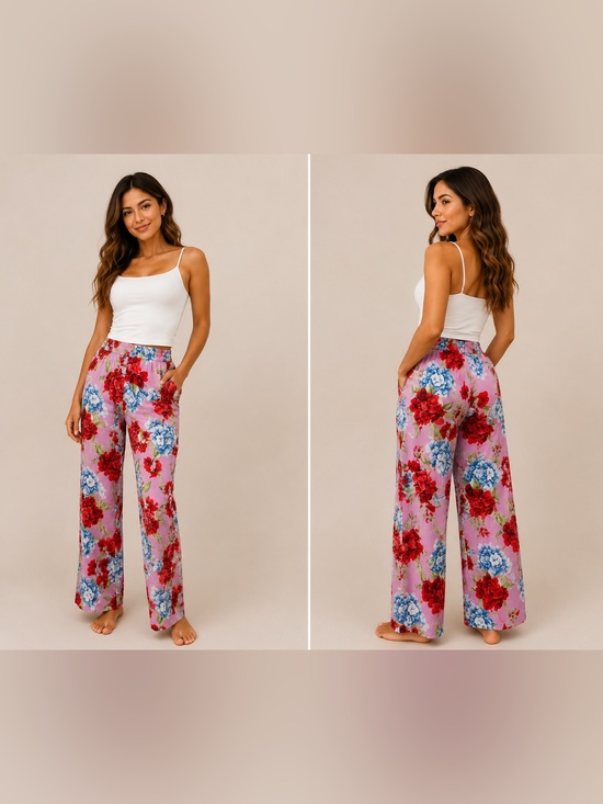 Rachel Zoe Pants - Rachel Zoe Lavender Floral Wide-Leg Lounge Pants with Blue and Red Blooms